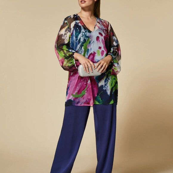 Marina RINALDI FIRMA Abstract Balloon-Sleeve Tunic Plus 20, Italy, Sheer Chiffon - Picture 1 of 8